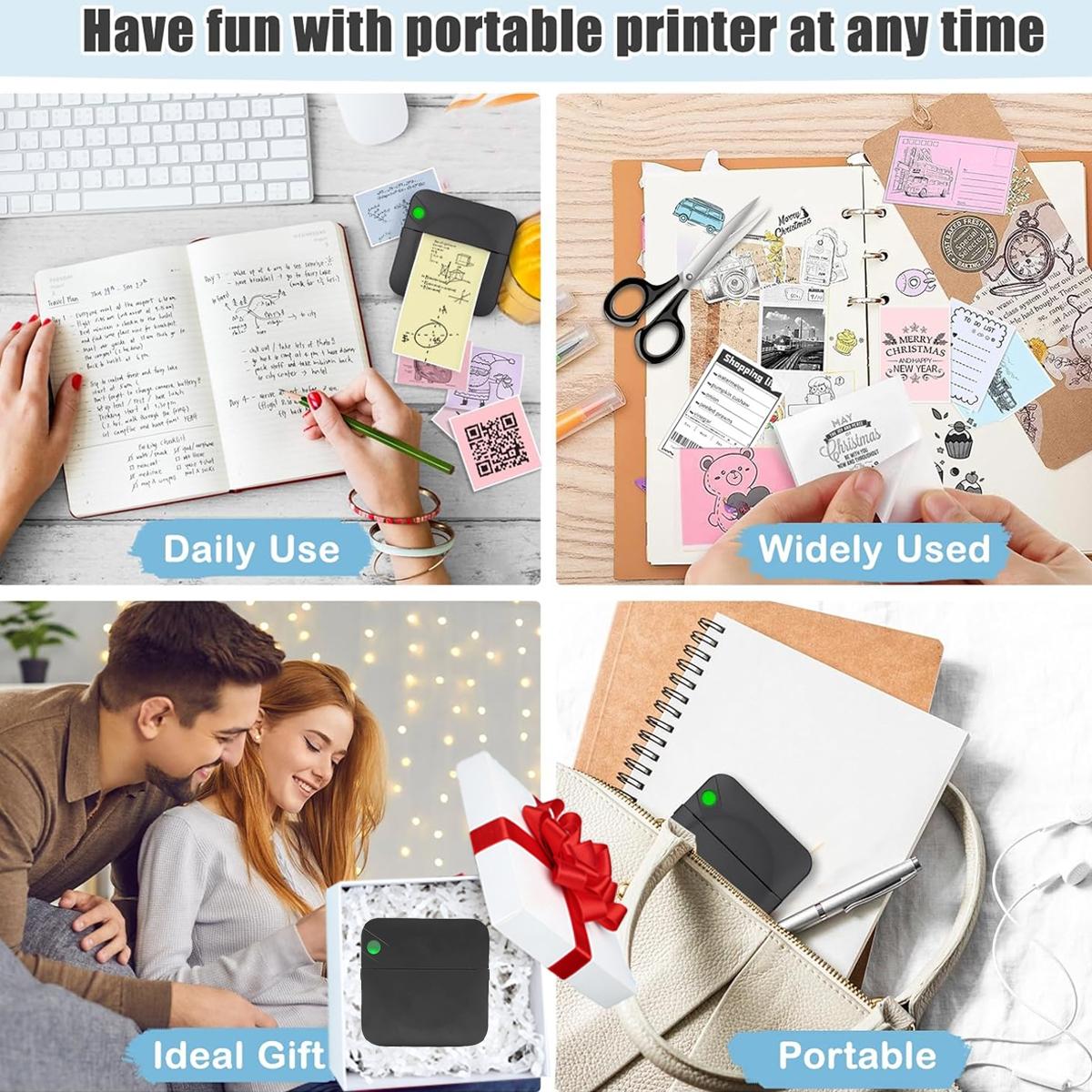 Mini Printer, Portable Thermal Sticker Maker with 8 Roll Paper, Compatible with iOS & Android, Sticker Printer for Study Notes, Pictures, DIY, Journal, Portable Thermal Printers