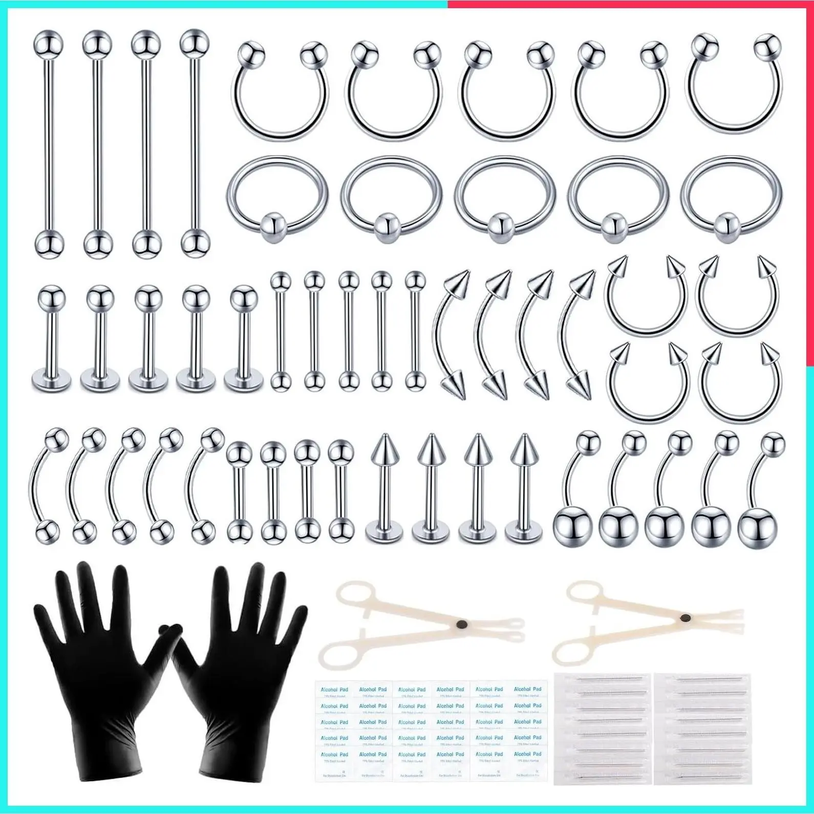 104pcs 14G & 16G Body Piercing Kit with Jewelry for Ear Lip Septum Eyebrow Nipple – Self Piercing Supplies