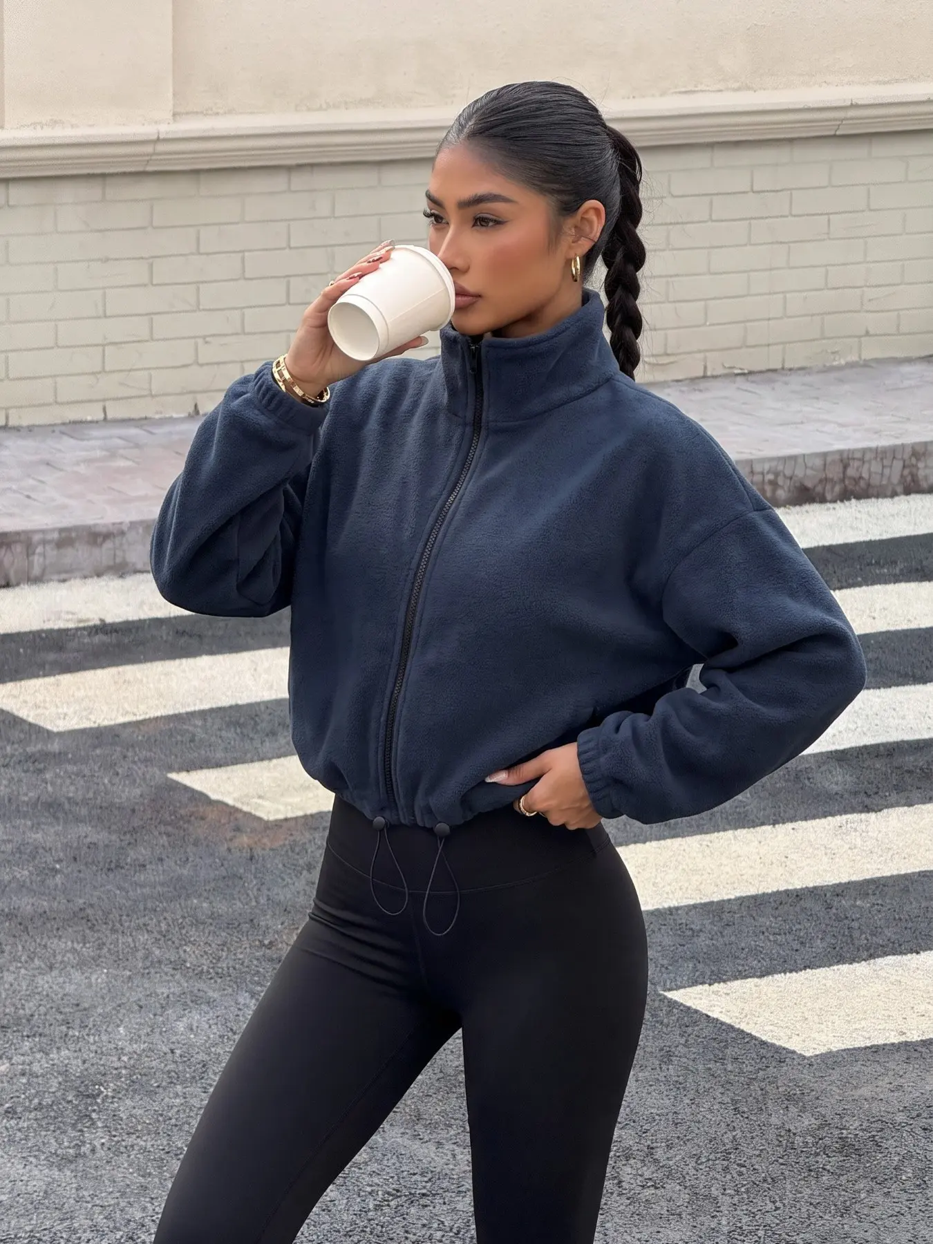 Women Navy Fleece Cropped Zip Jacket Stand Collar Drawstring Hem Oversized Outerwear