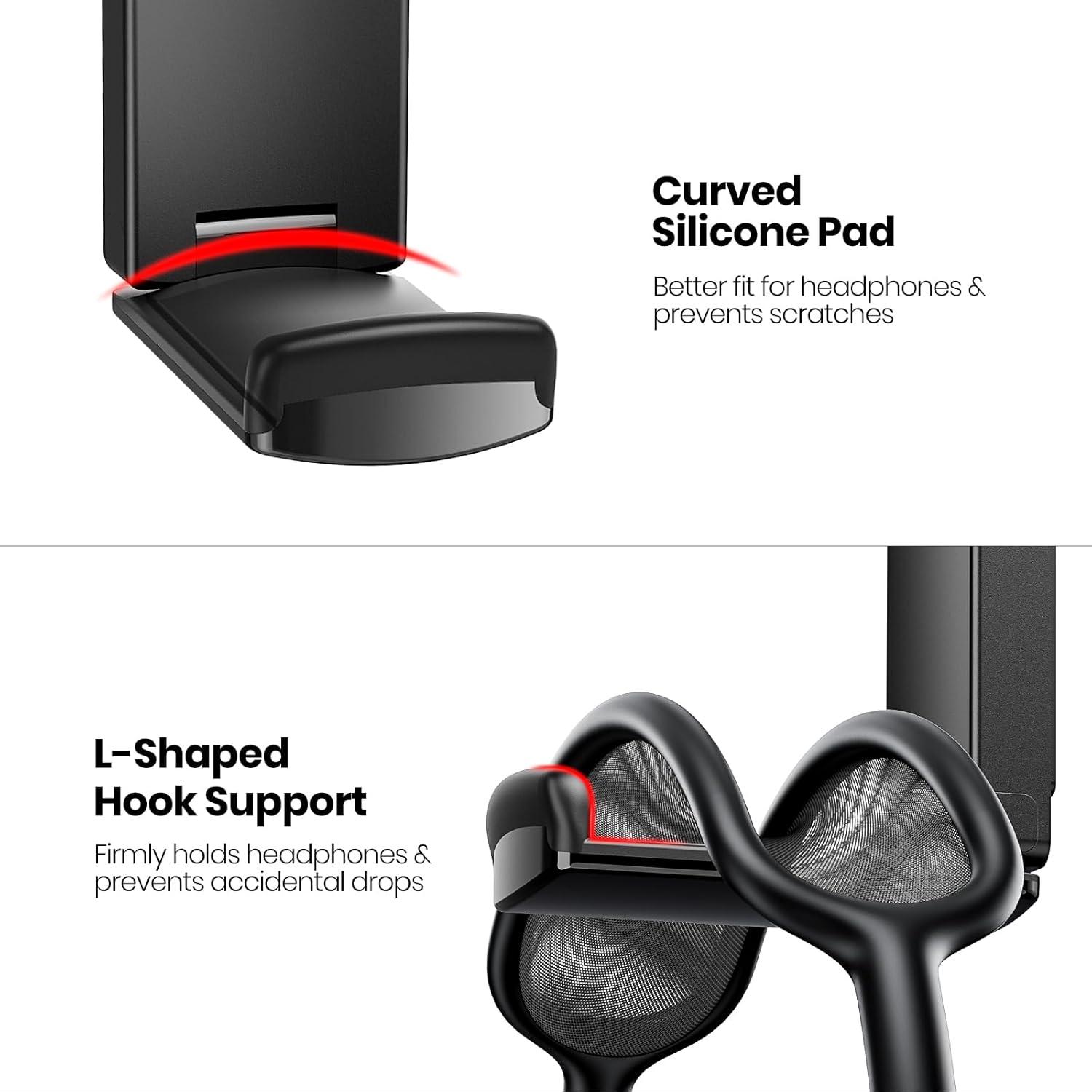 Black Durable Foldable Sticky Headphone Stand-Holder, Upgraded Adhesive Mount Desk Gaming Accessory with Rubber Pads for Headset & Controller Protection, Plastic Christmas Stocking Stuffer for Happy Birthday Gifts