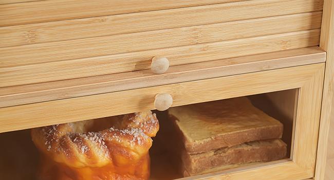 HOOBRO Natural Bamboo Bread Box for Kitchen Countertop, 2 Tier Roll-Top Bread Bin, Food Storage Box, Storage Cabinet, for Kitchen, Dining Room