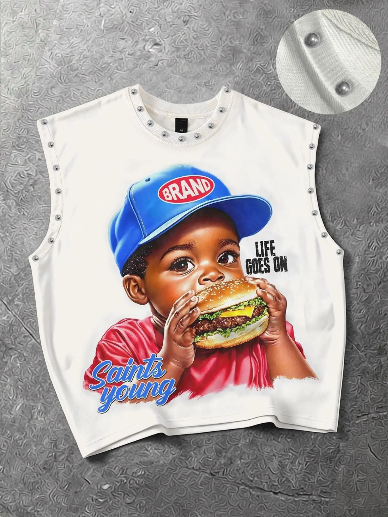 Street trendy brand donut burger kid printed men's vest heavyweight short version loose old metal rivets retro vest female European and American handsome outfit unisex sleeveless T-shirt slimming couple vest for street party