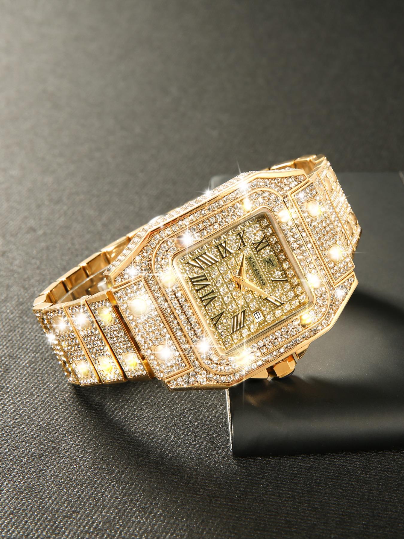 RICECGO Luxury Full-Diamond Men's Watch: Sparkling with diamonds, this timepiece features elegant design and refined details, showcasing the charm of a stylish man. It is an accessory that elevates your style, Fashionable Wristwatch