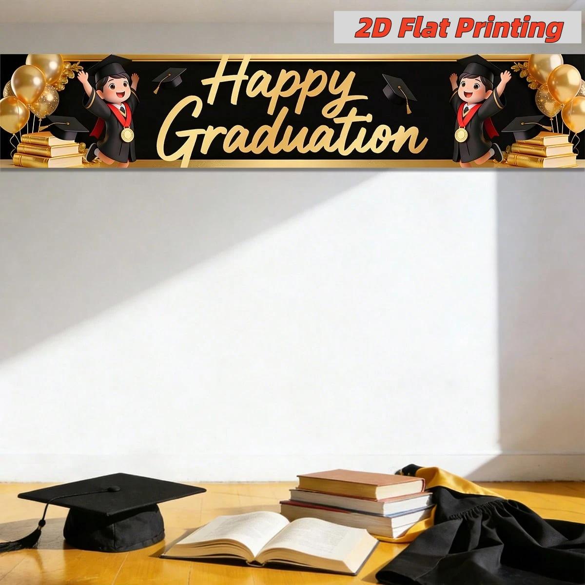 2D Flat Class of 2026 Graduation Decoration Set 1 piece banner + 3 piece door curtain set Polyester material, balloons, bachelor's uniform and book banner 2026 Graduation Ceremony Party Photo Hanging Cloth Campus Graduation Season Banners Banners Couplet