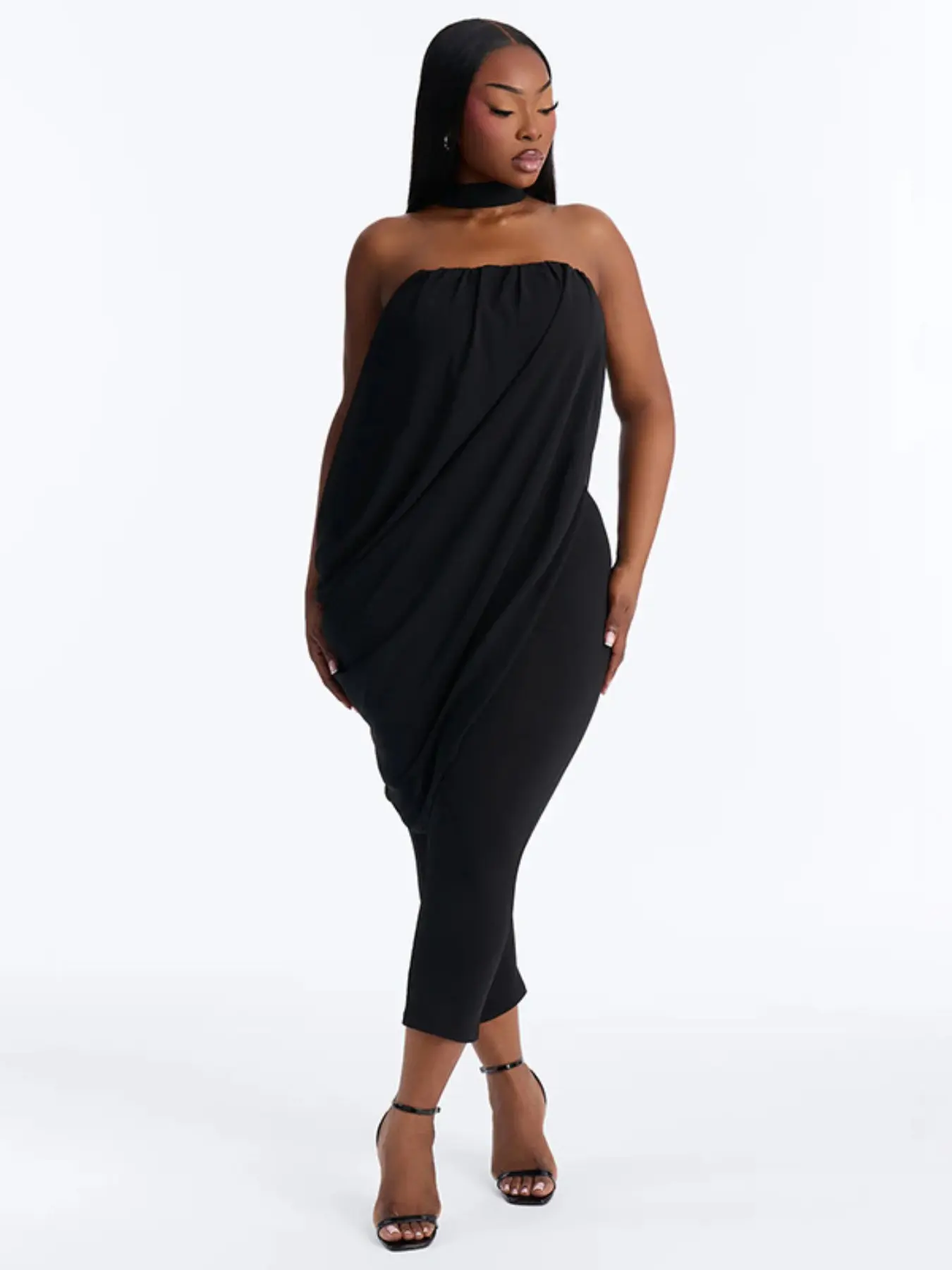 Women's Black Elegant Halter Scarf Strapless Jumpsuit, Tube Top Draped Asymmetric Knee Length Loungewear, Slim Fit Bodycon Outfit For Evening And Daily Wear