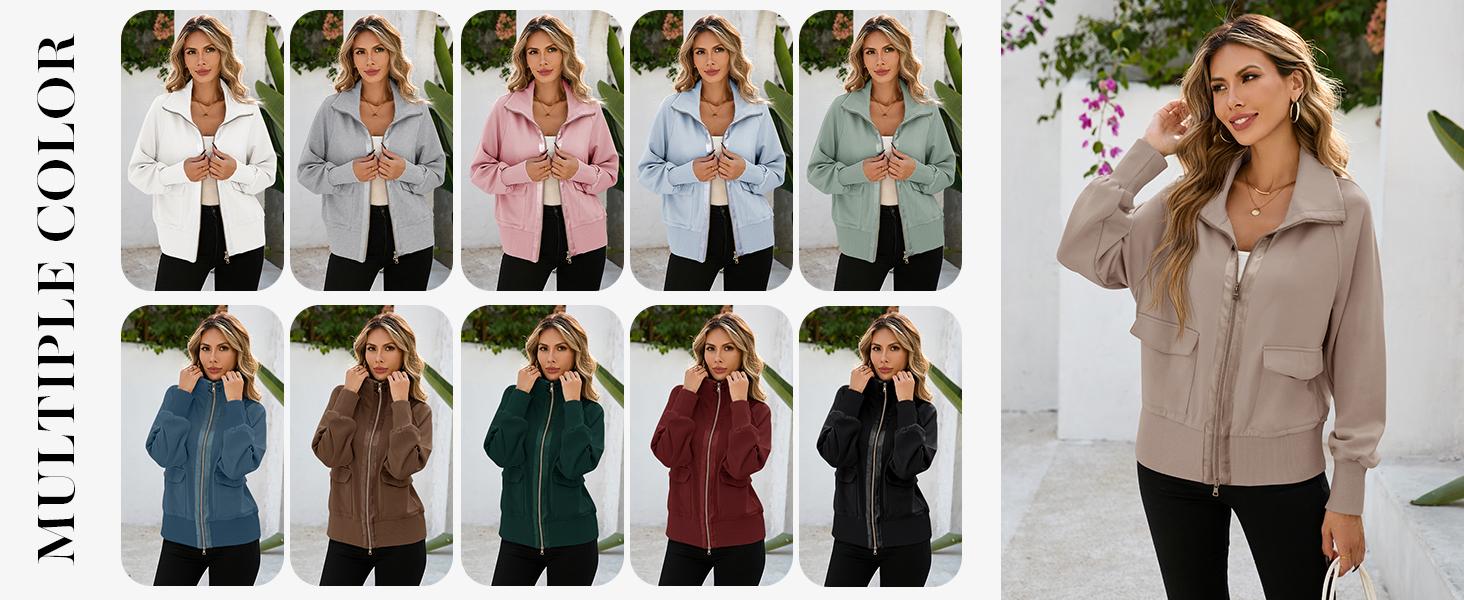 Fisoew Women's Zip up Sweatshirt Collared Neck Long Sleeve Loose Casual Lightweight Jacket with Pockets Fit Breathable puffer jacket winter outfits leather jacket winter trench zip coat Bomber Activewear fur coats for women leather jacket Womenswear