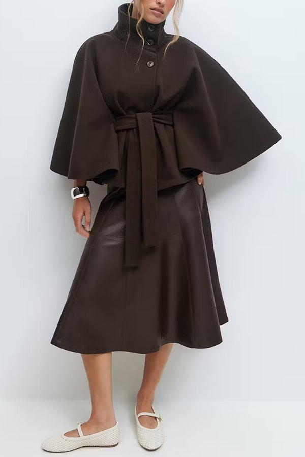 Women's Plain Front Buckle Belted Woolen Cape Coat, Casual Fall & Winter Outerwear, Stylish Daily Wear for Dating, Button