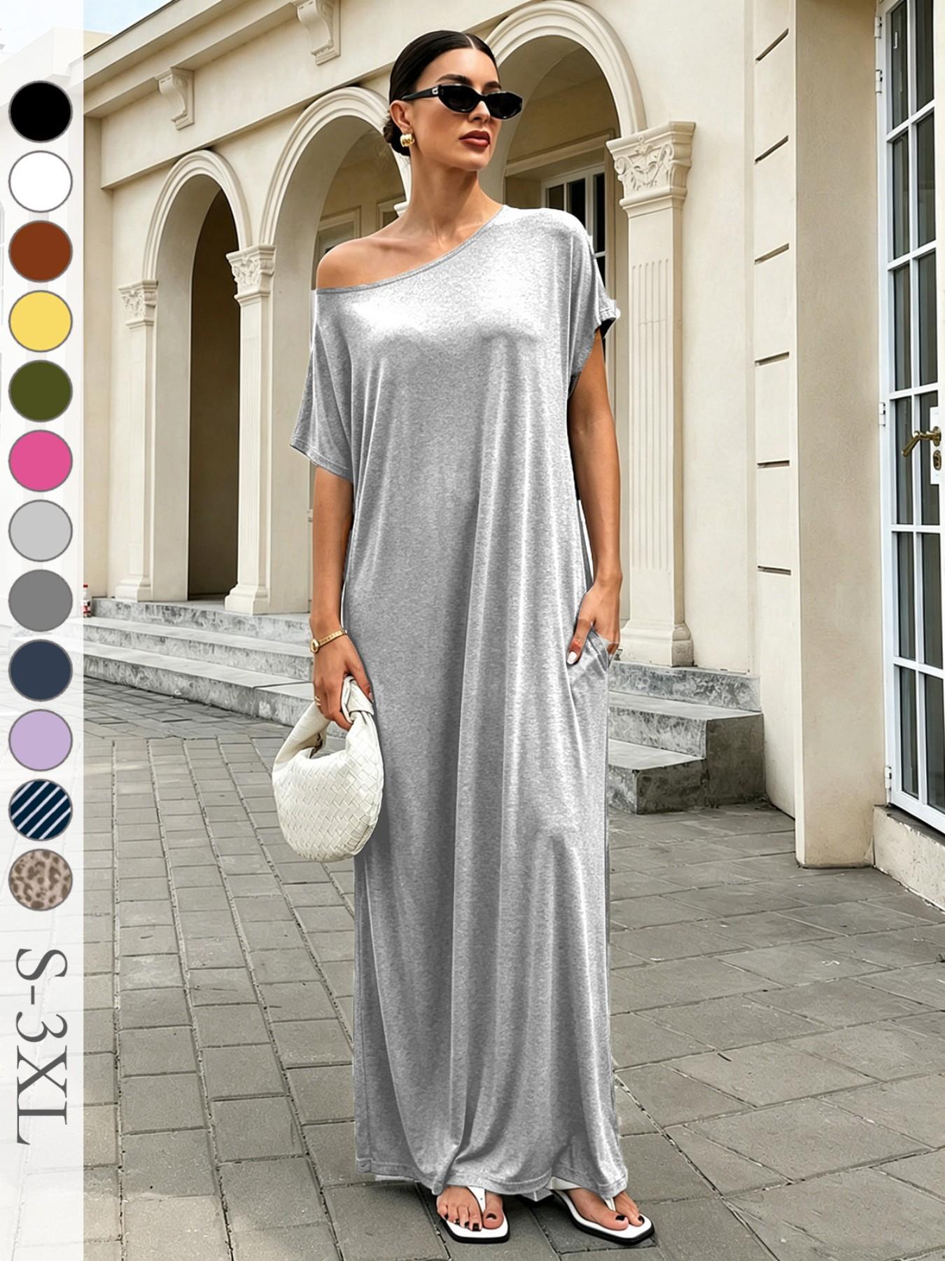 Women's Casual Boho Chic Loose Long T-Shirt Dress, Striped Short Sleeve One-Shoulder Sleepwear with Pockets, Comfortable Fit for Daily, Beach and Vacation Wear Boho Fashion