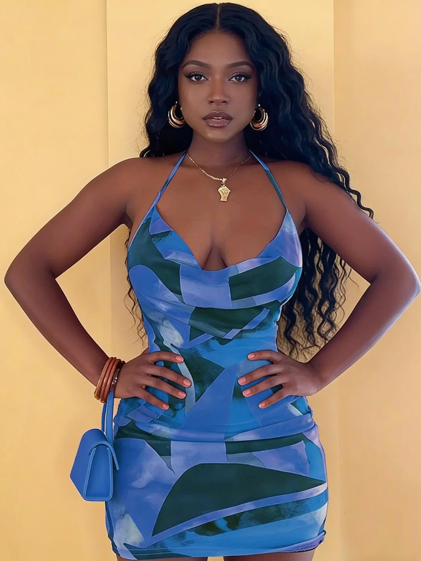 A set of women's casual contrasting printed neck hanging dress with a spicy girl style deep V slim fit hip hugging short skirt for vacation and dating, suitable for summer, suitable for home, indoor, and outdoor wear