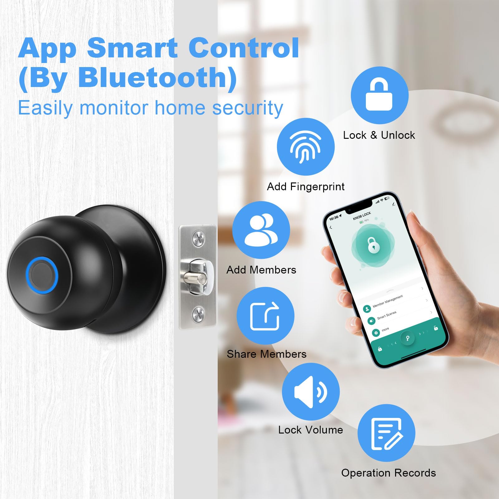 Valentine's Day Gift EUERTE Fingerprint Door Knob Biometric Smart Lock with APP Control 3-In-1 Fingerprint Unlock 5s Auto-Lock Rechargeable Battery Easy Installation for Bedroom Garage Apartment