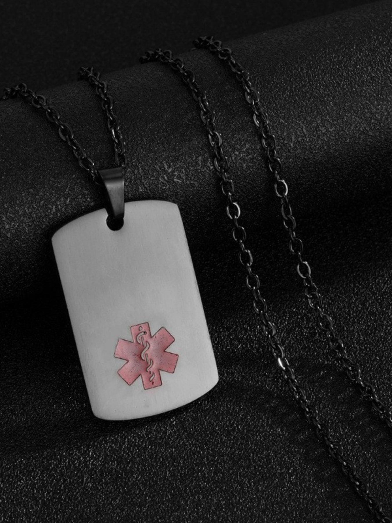Medical Symbol Snake Staff Square Tag Dog Tag Pendant Titanium Steel Necklace, Elegant Medical Accessory Jewelry