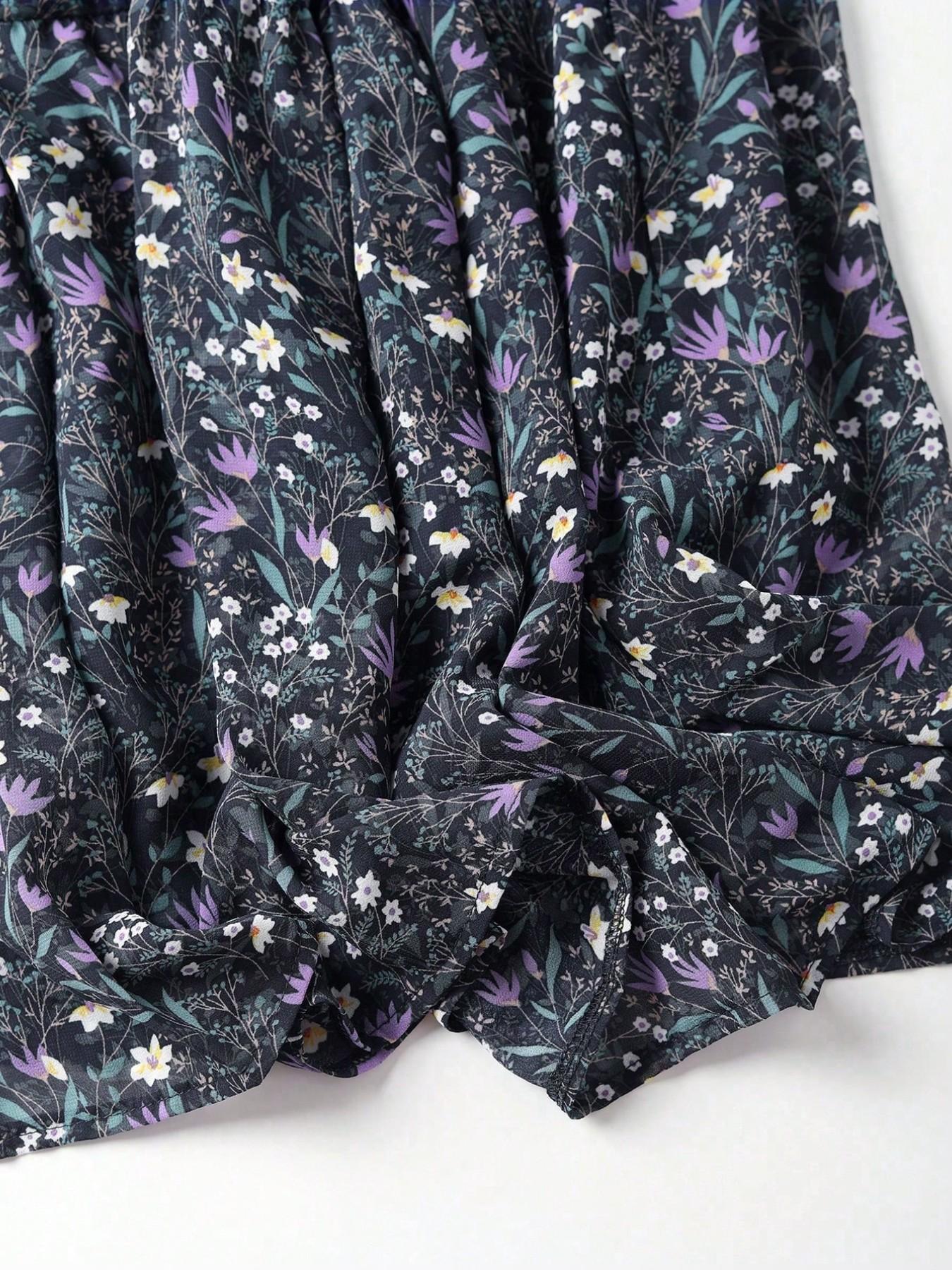 Women's Deep Blue Ditsy Floral Midi Casual Boho Skirt, High Waist A-Line Design, Casual Loose Fit, Long Knee-Length, Fashionable Summer Dress