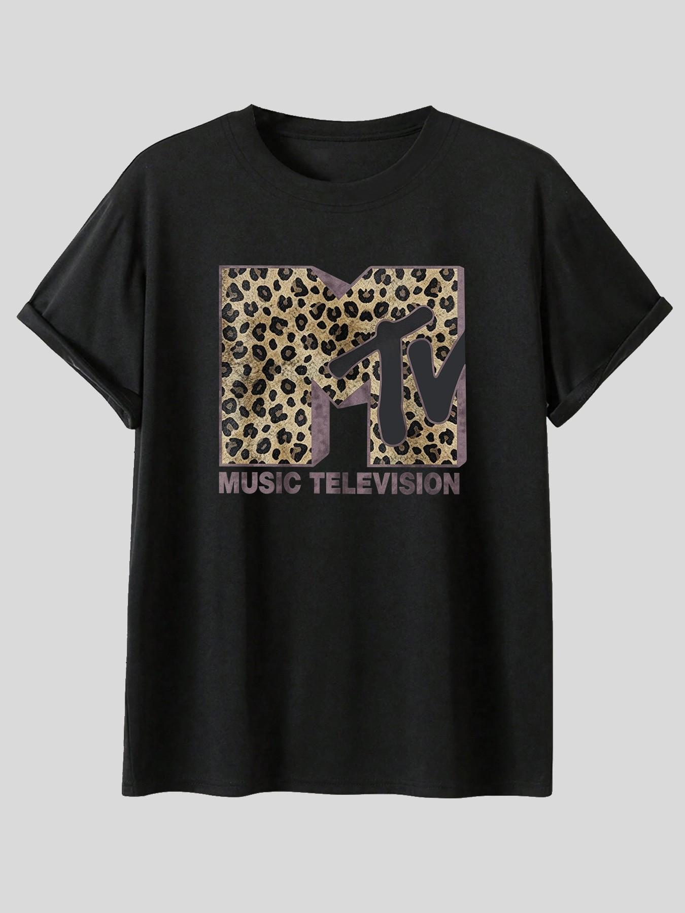 Men's Washed T-Shirt with Mtv Classic Leopard Pattern, Retro 80s 90s Style, Casual Loose Fit, Comfortable Daily Wear, Easy Care