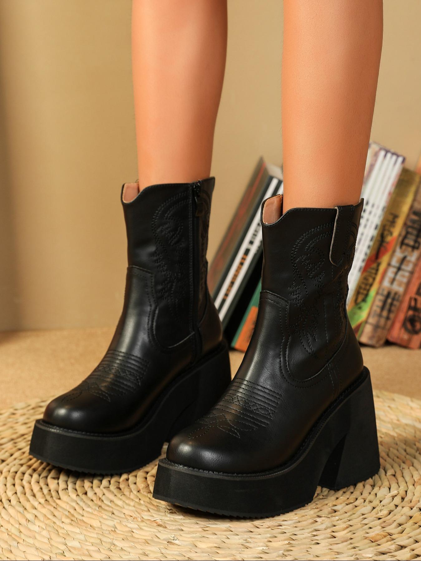Women's Fashionable Embroidered Design Wedge Boots, Elegant Round Toe Mid-calf Boots, Casual Comfortable Platform Shoes for Daily Wear, Western Embroidered Boots