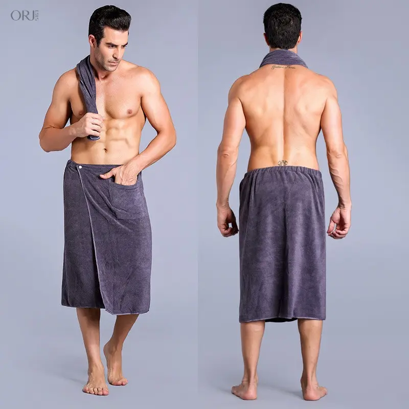 Men's Short Bath Wrap Towel, Elastic Waist with Buckle, Absorbent Soft Shower Wrap, Beach Spa Cover Up, Quick Dry Bath Skirt for Men
