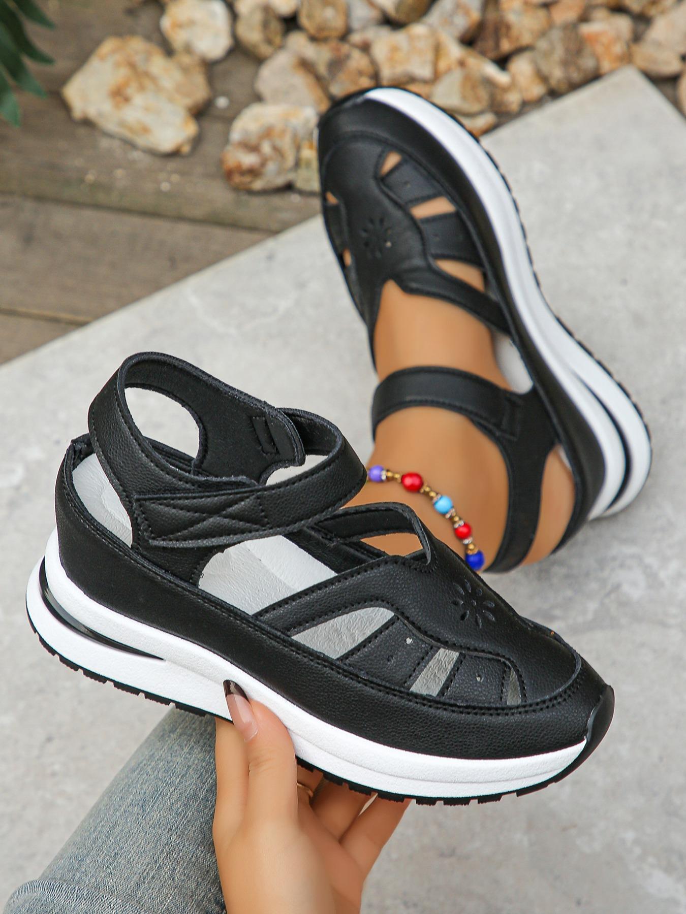 Women's Hollow Out Wedge Heel Thick Sole Invisible Height Boost Velcro Sports Casual Shoes, Comfortable PU Leather Rubber Sole