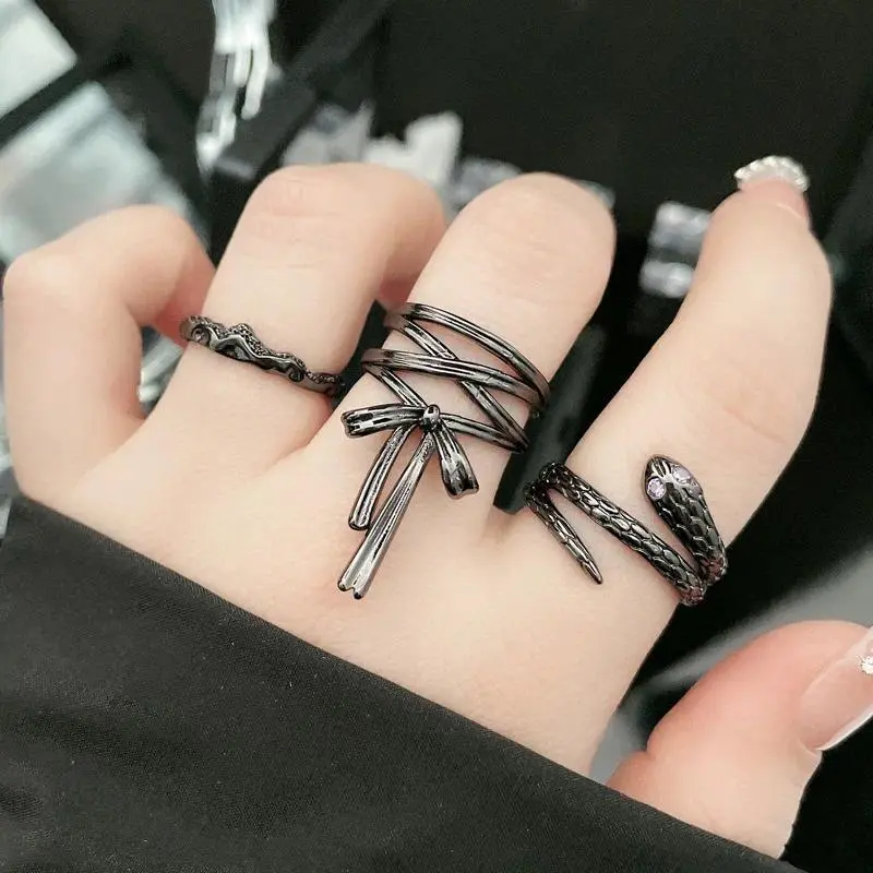 Women's Copper Retro Ballet Ribbon Bowknot Snake Ring Set - Punk Gothic Open Designer Jewelry, Casual Everyday Engagement Rings, Creative Fashion Accessories, Open Ring