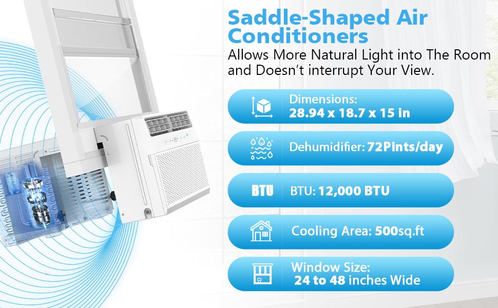 COWSAR Window Air Conditioner 12,000 BTU, Window AC Unit Cooling Room 500sq.ft, Dehumidifier Mode and 3 Fan Speed, 24H Timer, Saddle Mount, Quiet Operation, White