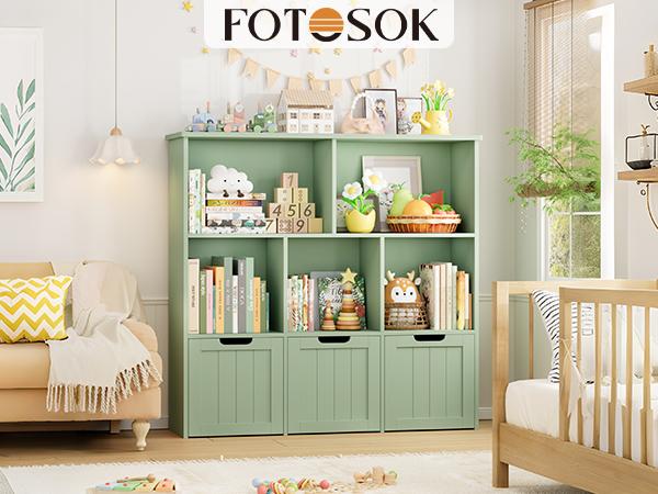 FOTOSOK Toy Storage Organizer with 3 Movable Drawers, Toy Organizer with Hidden Wheels and 5 Open Cubbies, Multifunctional Floor Storage Chest for Playroom