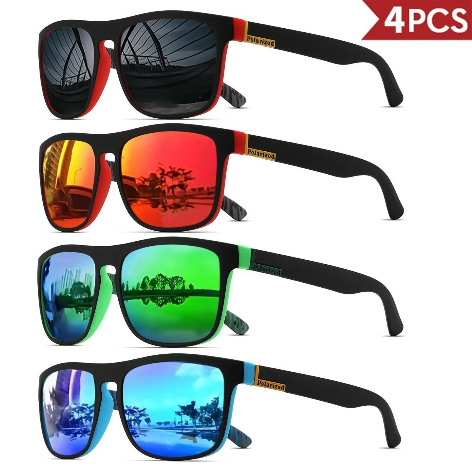 Polarized Sunglasses 4Pcs Set, Trending Square Mirror Shades, Color Contrast Frame Outdoor Eyewear, UV400 Lightweight Driving Sun Glasses, Anti Glare Reflective Lens, For Fishing Cycling Travel Beach Daily Wear
