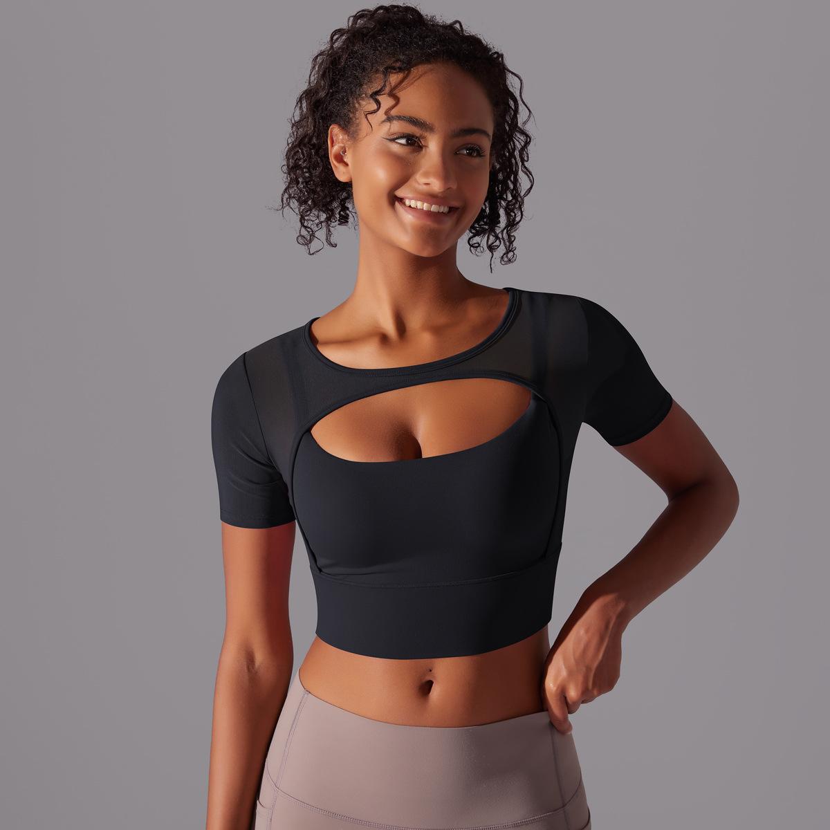 Classic Solid Color Mesh Stitching Double-Layer Short Sleeve Racerback Bra Top Women - Running, Fitness, Yoga Workout Top1123