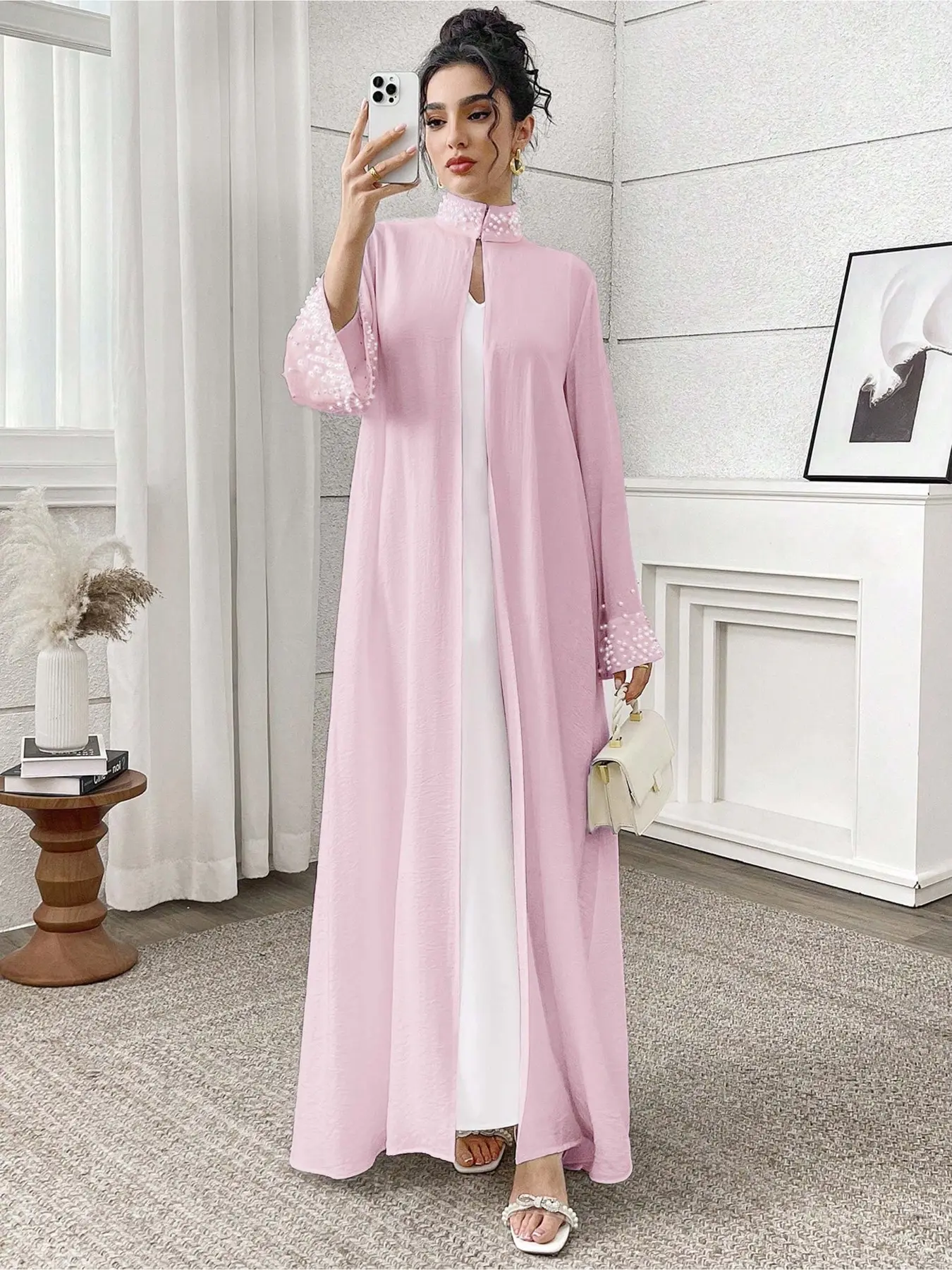 New Elegant Textured Cotton Plain Pearl Stand Collar Long Sleeve Loose Abaya Muslim Cardigan, All Seasons Fitted Dress