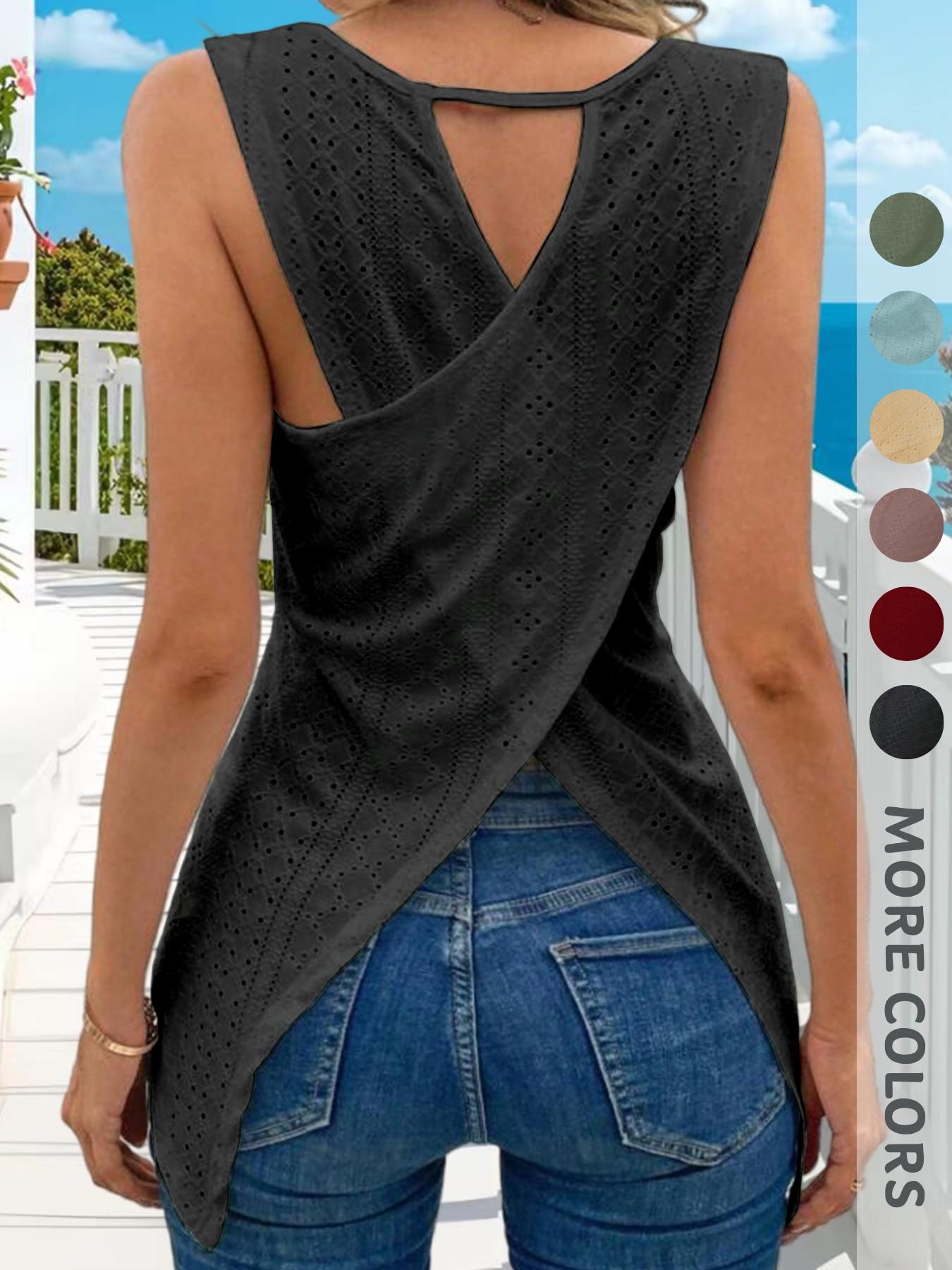New Summer Women's Plain Sleeveless Top, Hollow Out Irregular Hem Cross Design, Elegant Fashion Commuter Versatile Tank Shirt