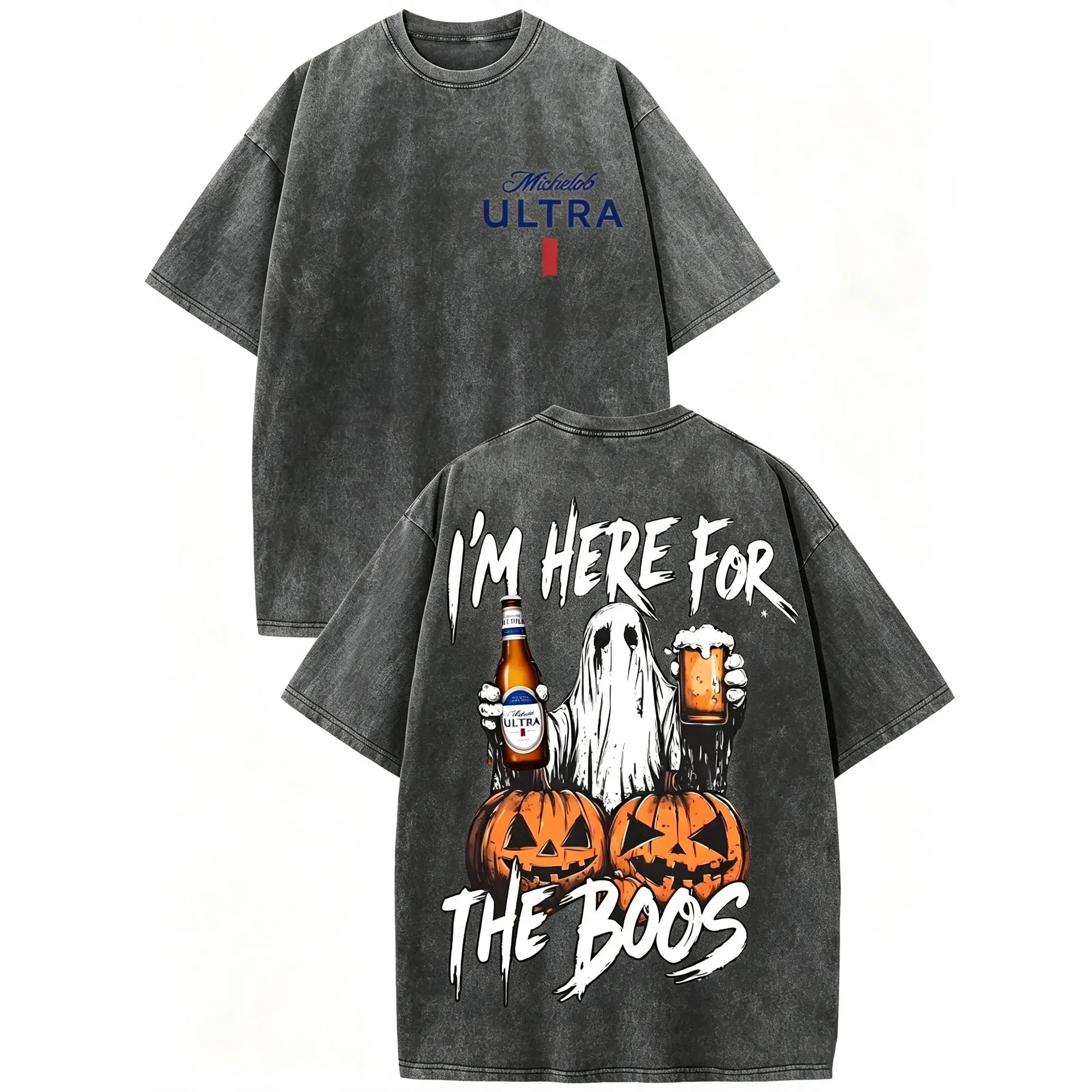 Vintage Acid Wash Oversized T-Shirt Front Michelob ULTRA Logo Back I’m Here For The Boos Ghost Beer Pumpkin Double Print Unisex Soft Light Fabric Spooky Halloween Beer Lover Casual Holiday Gift Tee