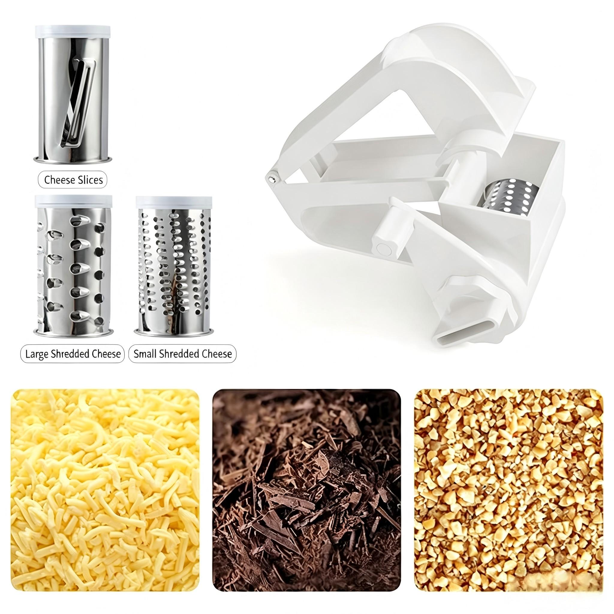 Four-piece set includes all accessories, three-in-one multi-functional convenient manual rotary cheese and vegetable potato grater - one contains 3 interchangeable grater rollers, multi-functional kitchen utensils, and meal preparation tools