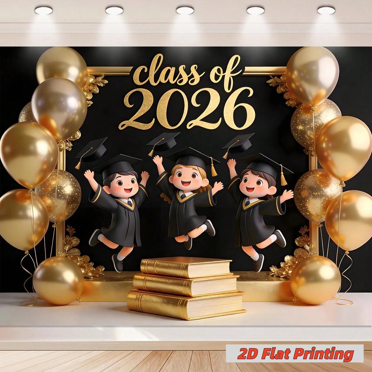 2D Flat Class of 2026 Graduation Decoration Set 1 piece banner + 3 piece door curtain set Polyester material, balloons, bachelor's uniform and book banner 2026 Graduation Ceremony Party Photo Hanging Cloth Campus Graduation Season Banners Banners Couplet