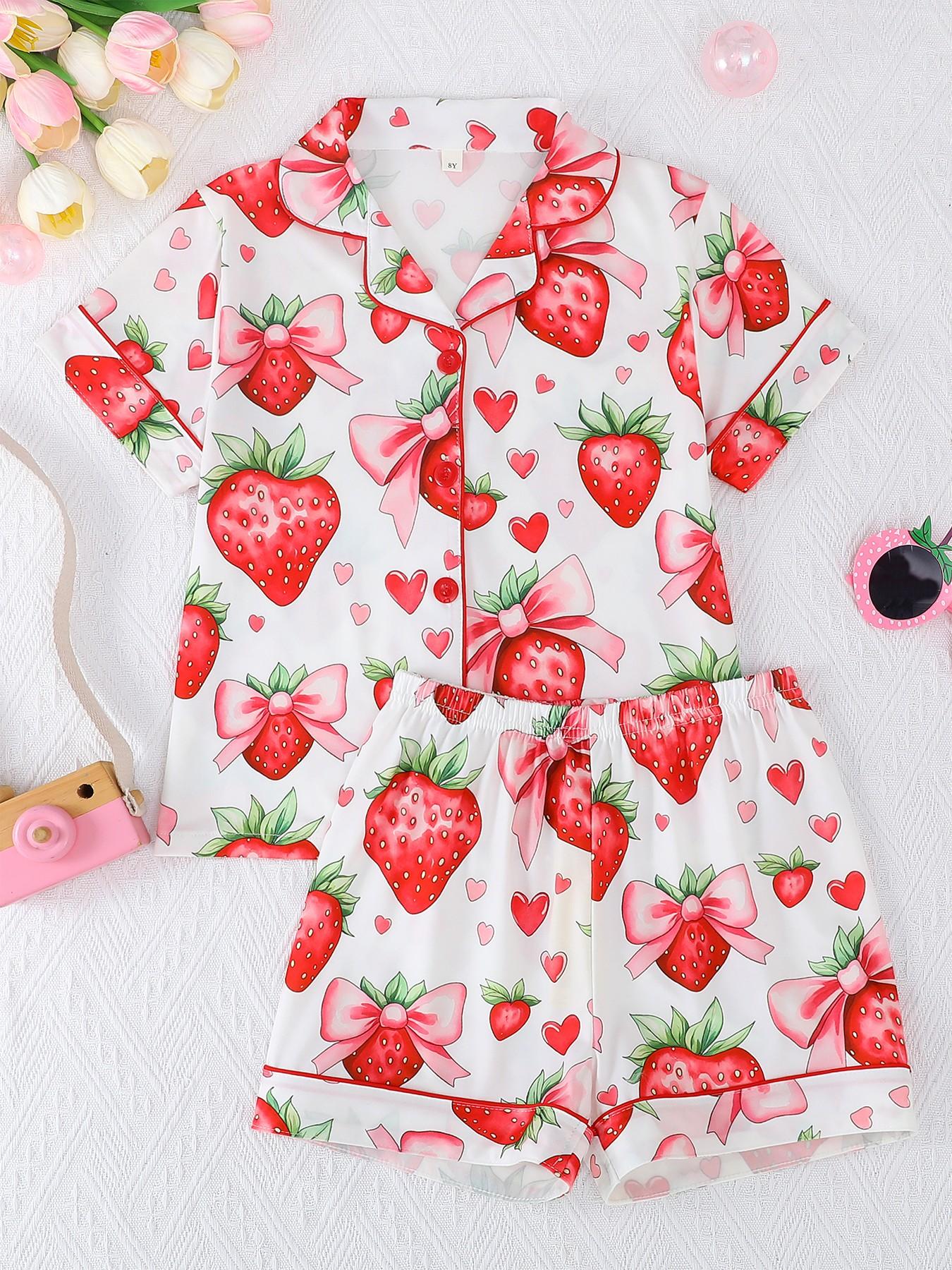 2-Piece Kids Pajama Set, Casual Strawberry Bow Heart Pattern, Fashion Open-Cardigan Short Sleeve Top and Shorts, Flame-Retardant Knit, All Seasons
