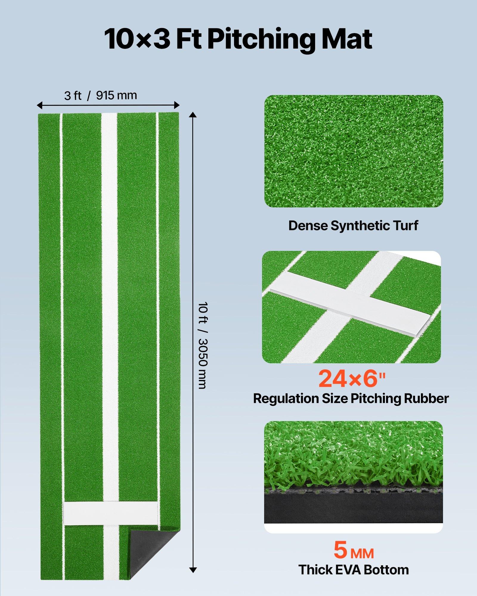 VEVOR Softball Pitching Mat, 10x3 ft Baseball Pitching Rubber Mound, Antifade Turf and Antislip Foam Backing Portable Training Aid, Fastpitch Equipment for Pitchers Indoor Outdoor Practice, Green