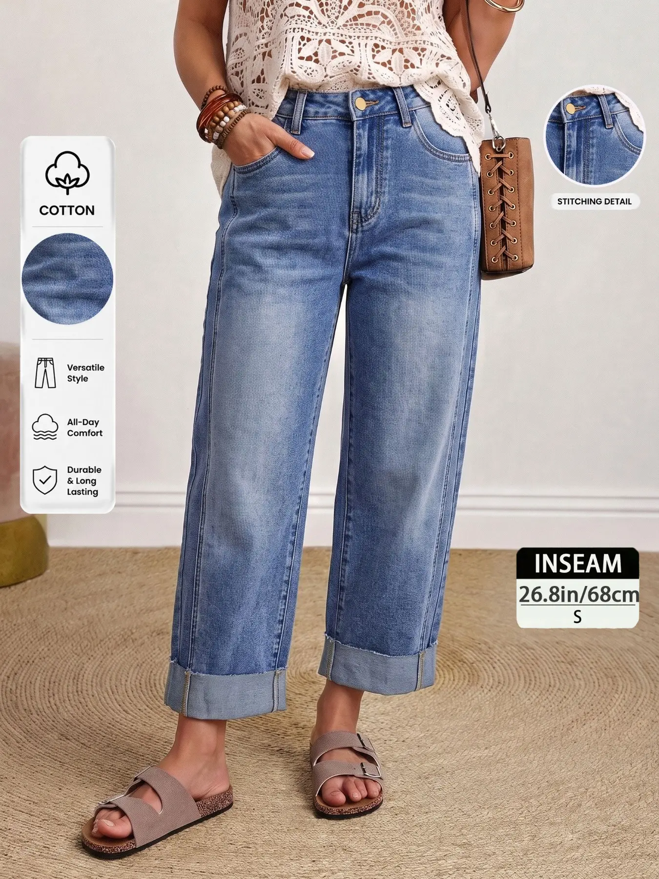 Elegant Chic Women's Mid-Rise Tapered Cropped Jeans, Slim Fit Stretchy Denim Pants with Whiskering & Abrasion for Summer, All Seasons Casual Everyday Bottoms