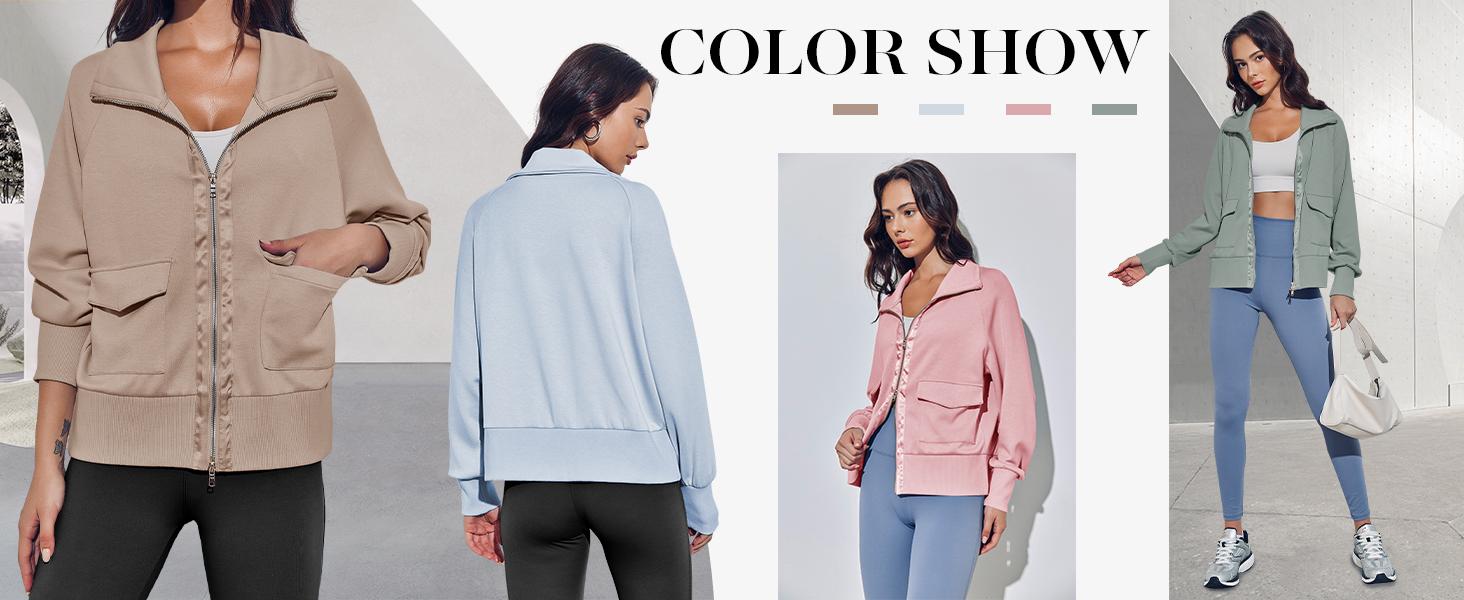 Fisoew Women's Zip up Sweatshirt Collared Neck Long Sleeve Loose Casual Lightweight Jacket with Pockets Fit Breathable puffer jacket winter outfits leather jacket winter trench zip coat Bomber Activewear fur coats for women leather jacket Womenswear