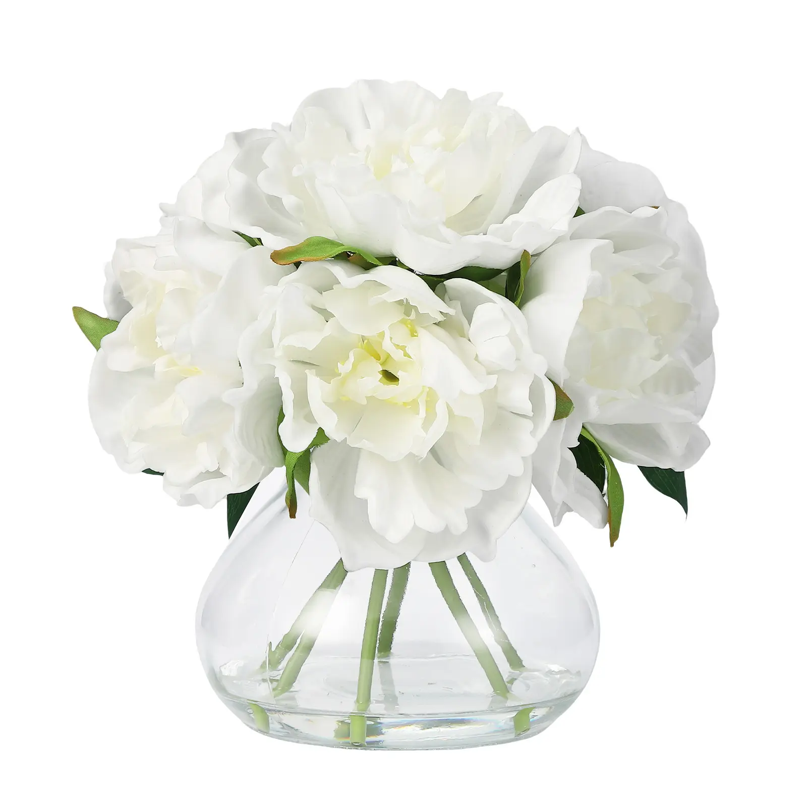 Peonies Artificial Flowers with Glass Vase – Silk Faux Peony Arrangement with Faux Water for Table Centerpieces, Shelf & Bathroom Decor
