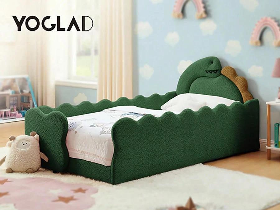 Twin Size Dinosaur-Shaped Upholstered Bouclé Floor Bed Frame, 3D Dinosaur-Shaped Headboard Platform Bed with Padded Raised Guardrails, Solid Wood Slats, Reinforced Metal Frame, Space-Saving for Small Bedrooms, Apartments