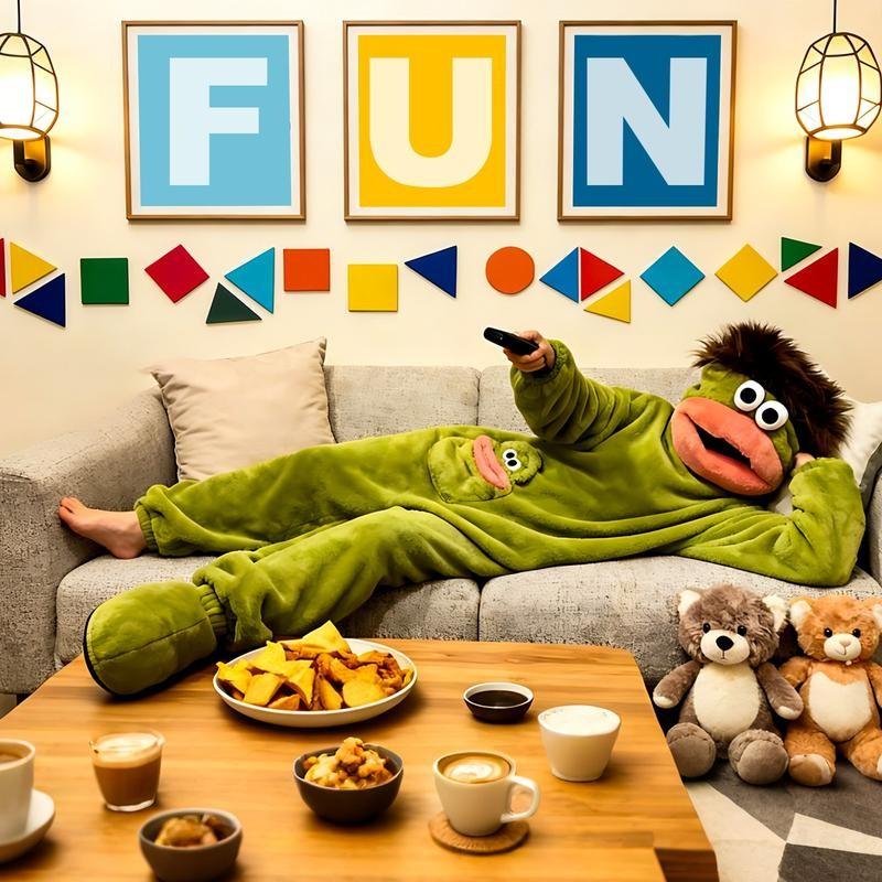 Fun Onesie Party Set, Comfortable Hooded Flannel Pajama Three-Piece Set, Includes Pajamas, Comb, and Shoe Covers, Cute Monster Pattern