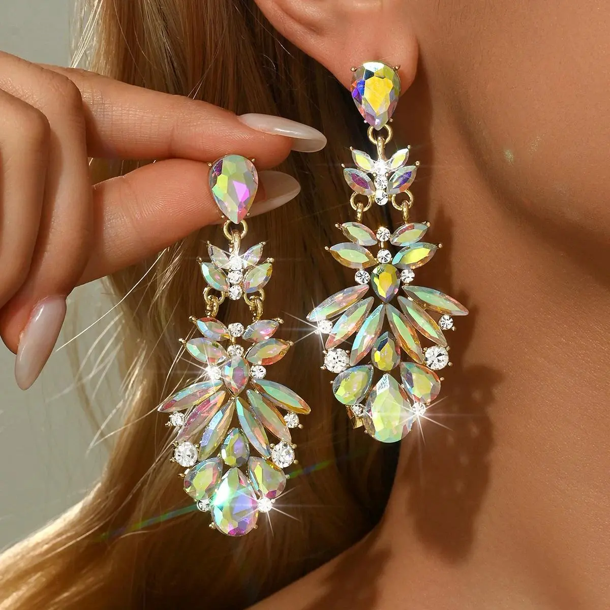 Multicolored Crystal Exaggerated Earrings, Oeil de Boeuf Cut Drooping Studs, Women's Evening Party Highlight Ear Accessories