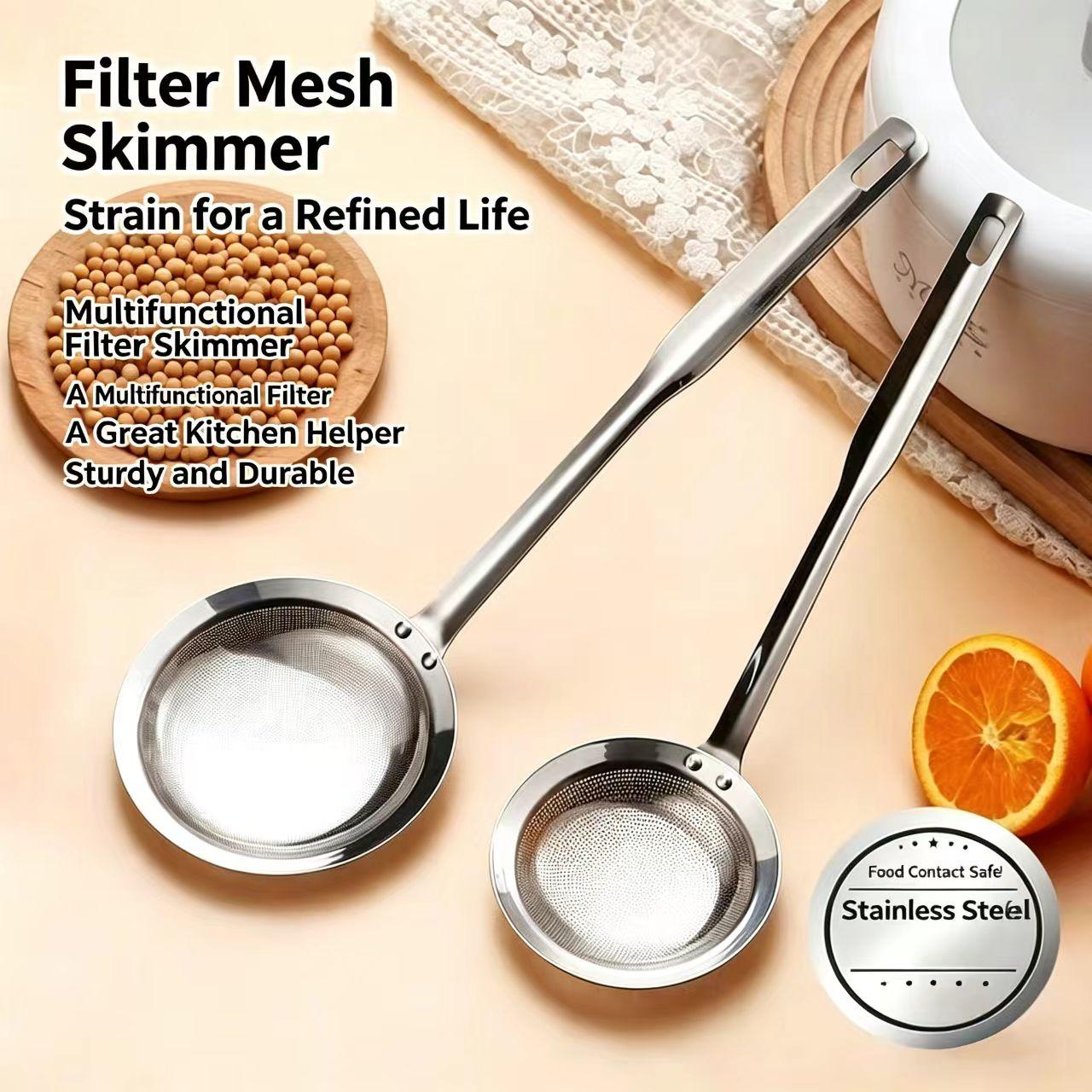 Multi-Use Stainless Steel Fine Mesh Strainer Ladle, Anti-Scald Long Handle Skimmer for Oil, Broth, and Food Residue, Ideal for Home Cooking and Frying