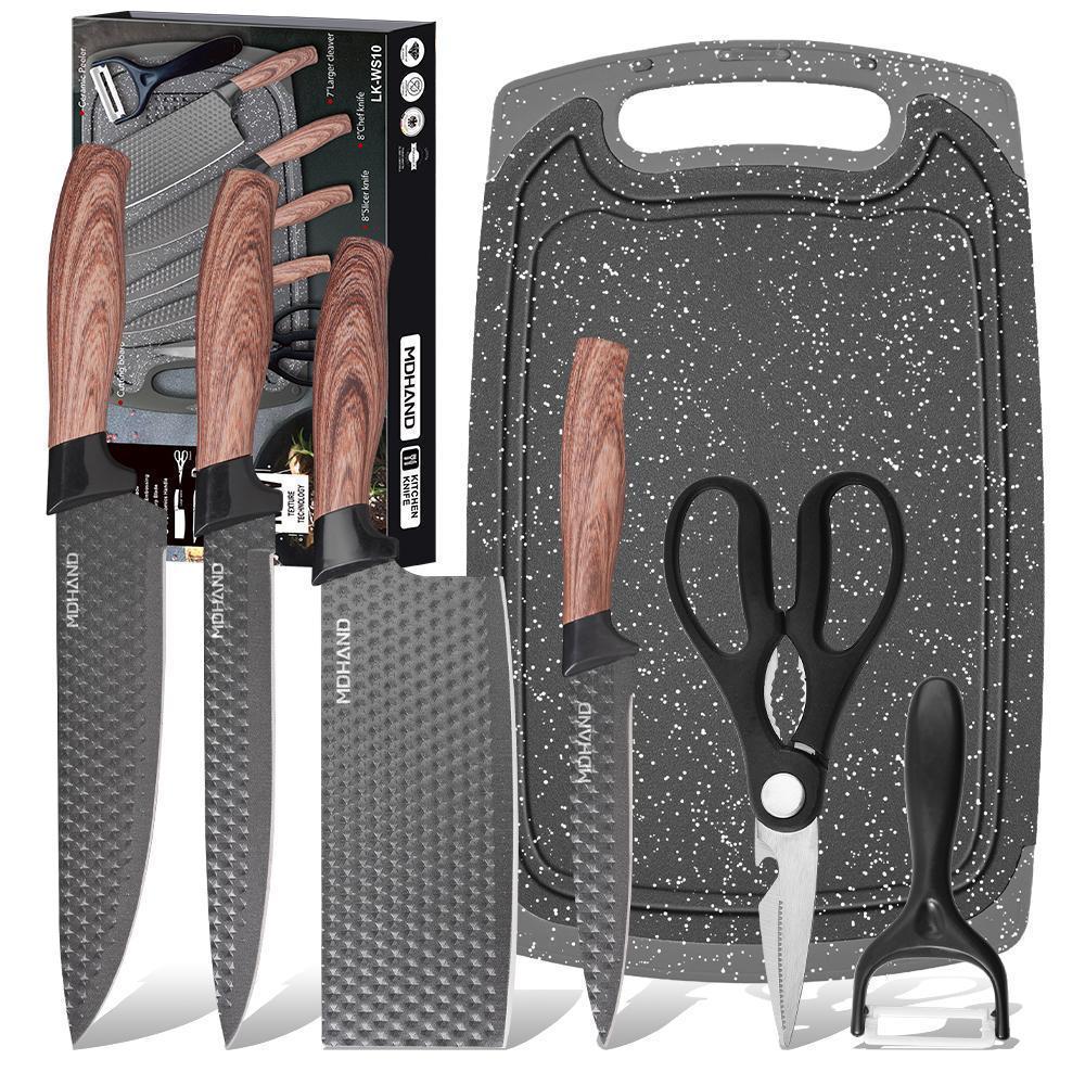 Professional 7pcs Kitchen Knife Set - Chef's Knife, Slicing Knife, Scraper, Scissors and Cutting board - High Carbon Stainless Steel with Ultra-Sharp Blades, Non-Stick Ergonomic Wooden Handles - Ideal for Home, Travel, and Gift Box Set#Summervibes