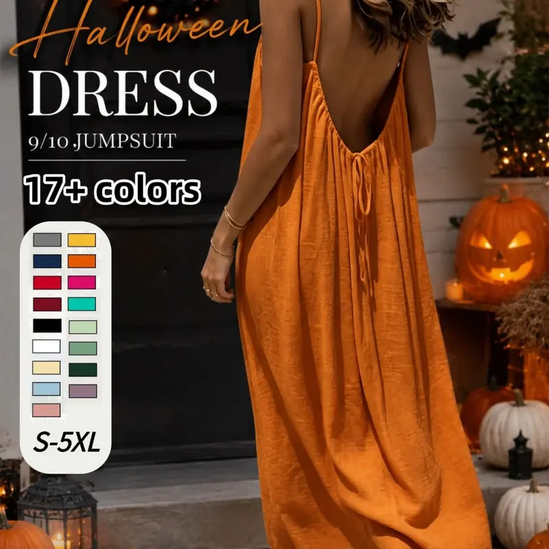 Women's Backless Maxi Jumpsuit Dress, Spaghetti Strap Wide Leg Romper, Boho Casual Halloween Party & Vacation Outfit，plus size, Adjustable