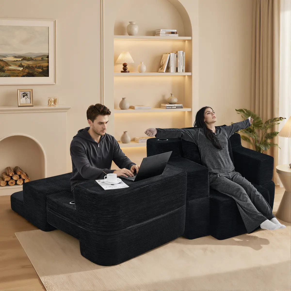 AobtkelMulti-Functional Single Compression Sofa, Convertible into Computer Desk & Simple Office Desk, Corduroy Upholstery, Comfortable Seating, Ideal for Office Workers