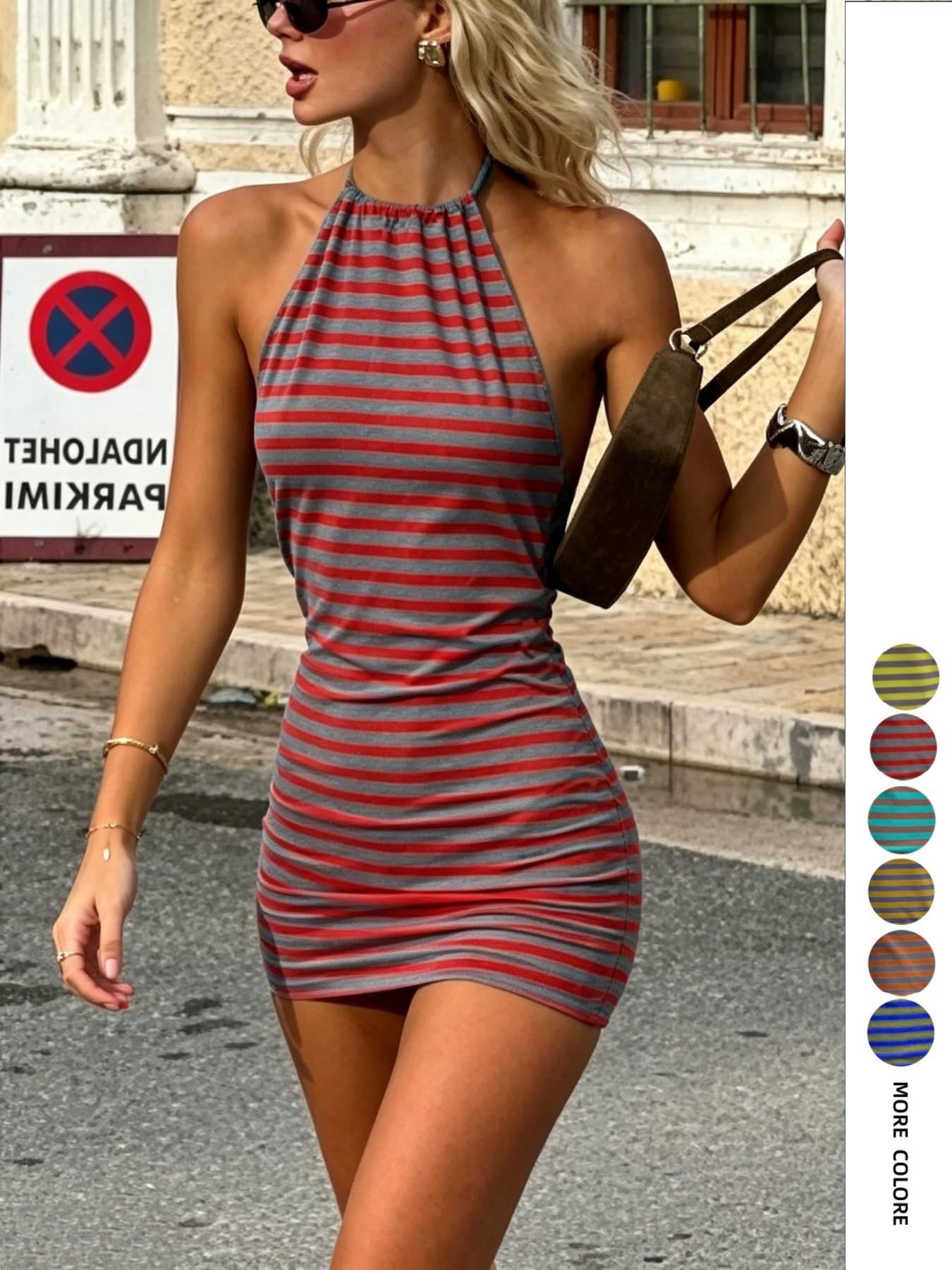 Women's Sexy Halter Backless Striped Bodycon Fit Summer Dress, Club Party Dress, Perfect for Parties & Daily Wear