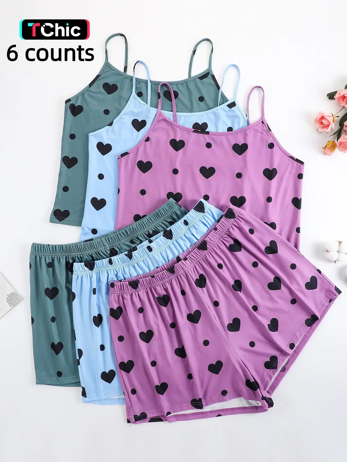 Plus Size Women's Casual Heart Print Sleeveless Spaghetti Strap Cami Top & Elastic Waist Shorts Pyjama Set, Sleepwear for All Seasons, Loungewear, Homewear, Fit