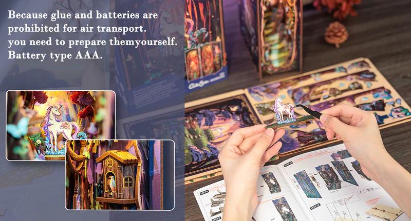 CUTEBEE The Grace of The Forest DIY 3D Book Nook Kit Miniature House Dollhouse with Unicorn Handmade Creative Toy for Teens & Adults Holiday Christmas Gift Bookshelf Insert Decor