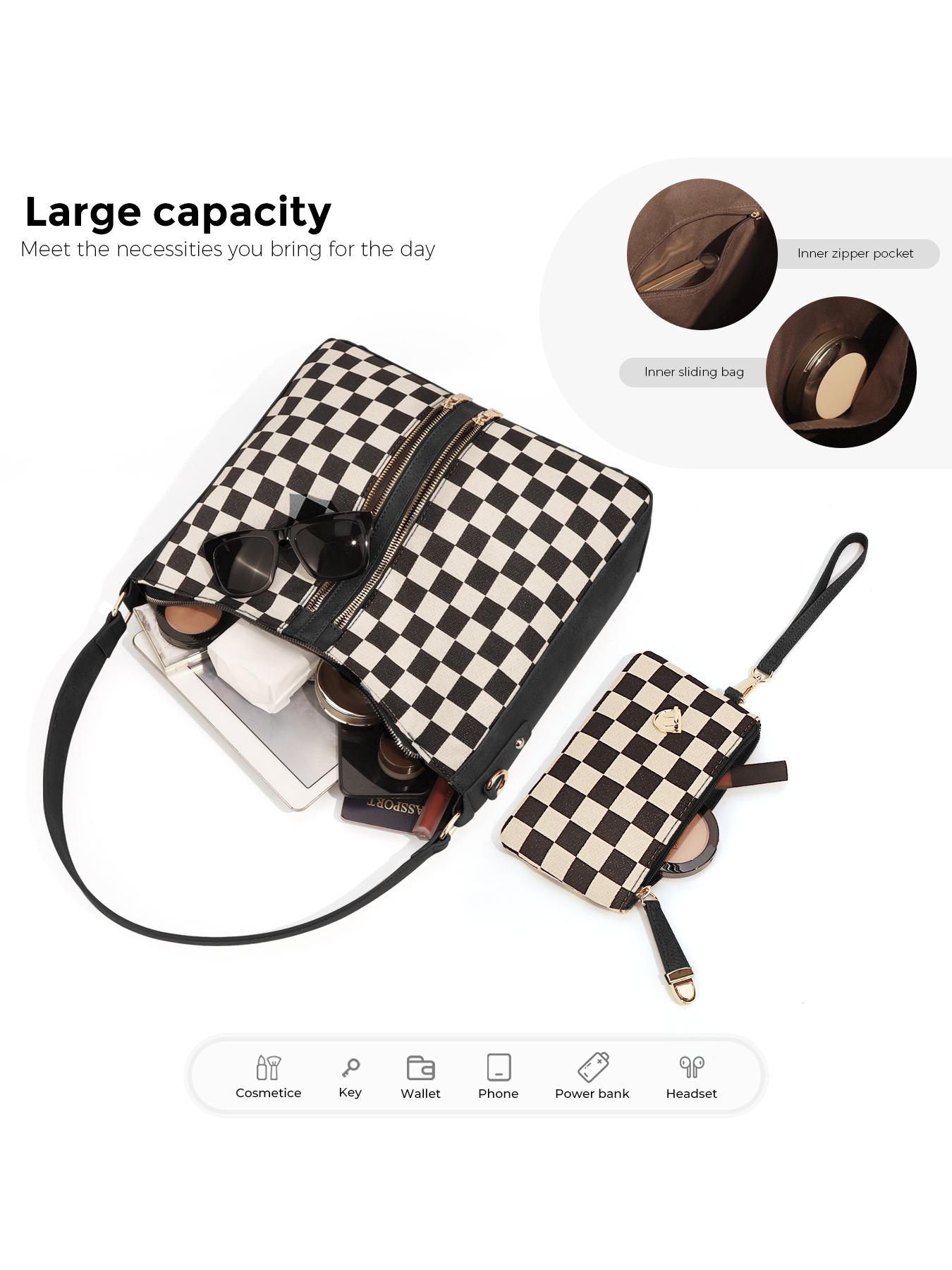 Checkered Plaid Pattern Women Large Crossbody Bags Ladies Satchel Shoulder Handbags Purse and Wallet Set for Women Totes Hobo Purses with Adjustable Strap For Work, Travel Fashionable Patterned Bag