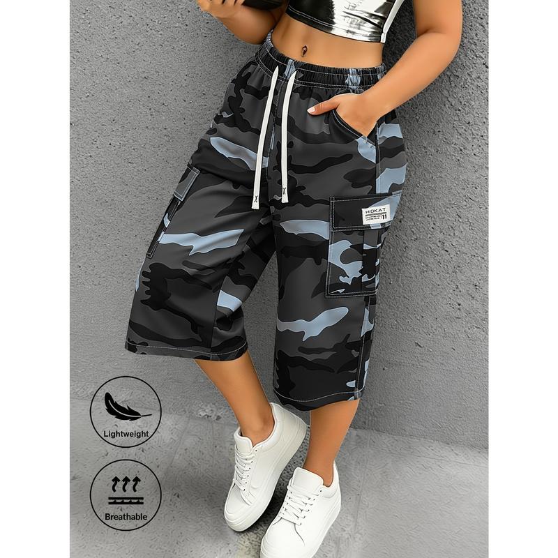 Women's Polyester Camo Capri Cargo Shorts - Loose Cut, Lightweight Breathable, Elastic Drawstring Waistband, Multi Pockets with Brand Label, Outdoor Wear for Summer Universal Sport & Daily Errands (Elastic Waistband Bottoms)