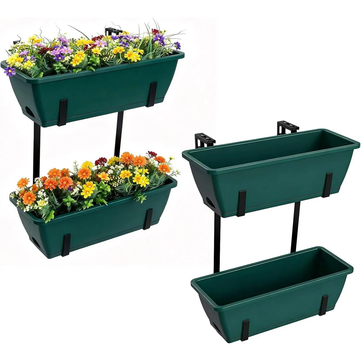 Rectangle Planters Box, 4 Pack Deck Hanging Planters for Railings, Window Box Planter with Drainage Holes & Trays, 16.9 Inch Balcony Planters Railing Hanging with Metal Brackets, Black Green (Green)