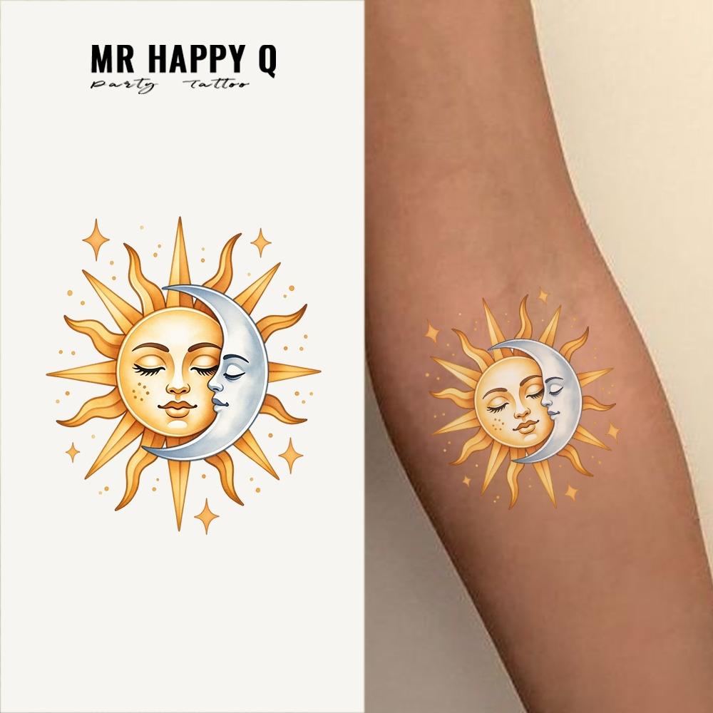 1PCS Colorful Sun Moon Waterproof Temporary Tattoo Sticker, Sweet Cool Girl Design, Lasts 1-3 Days, Perfect Daily Wear Choice
