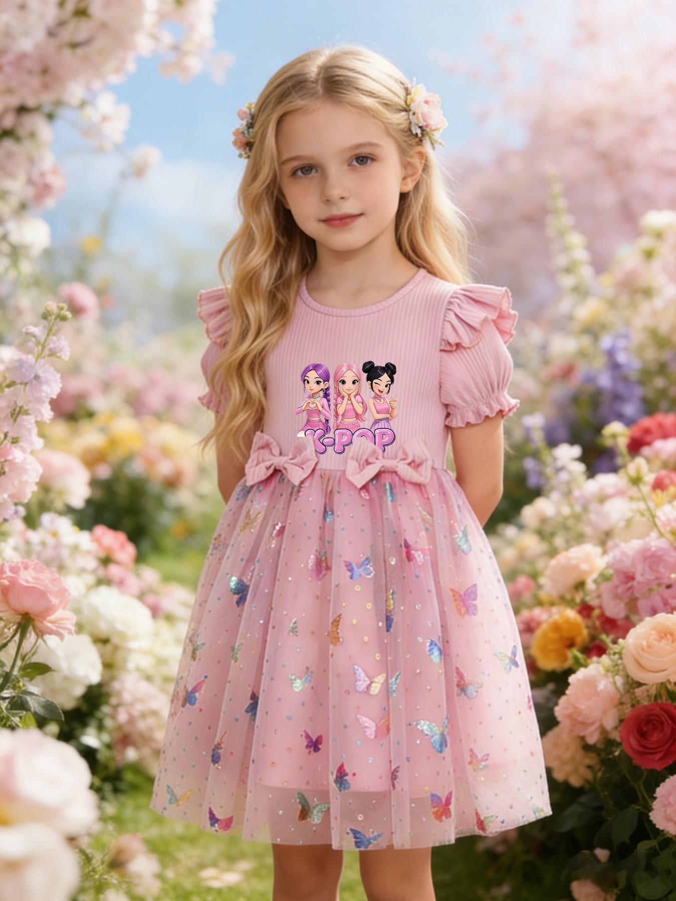 Princess Party Dance Dress, Butterfly Mesh Skirt, Dreamy Elegant Design, K-Pop Girl Group Print, Perfect for Camping Travel Parties